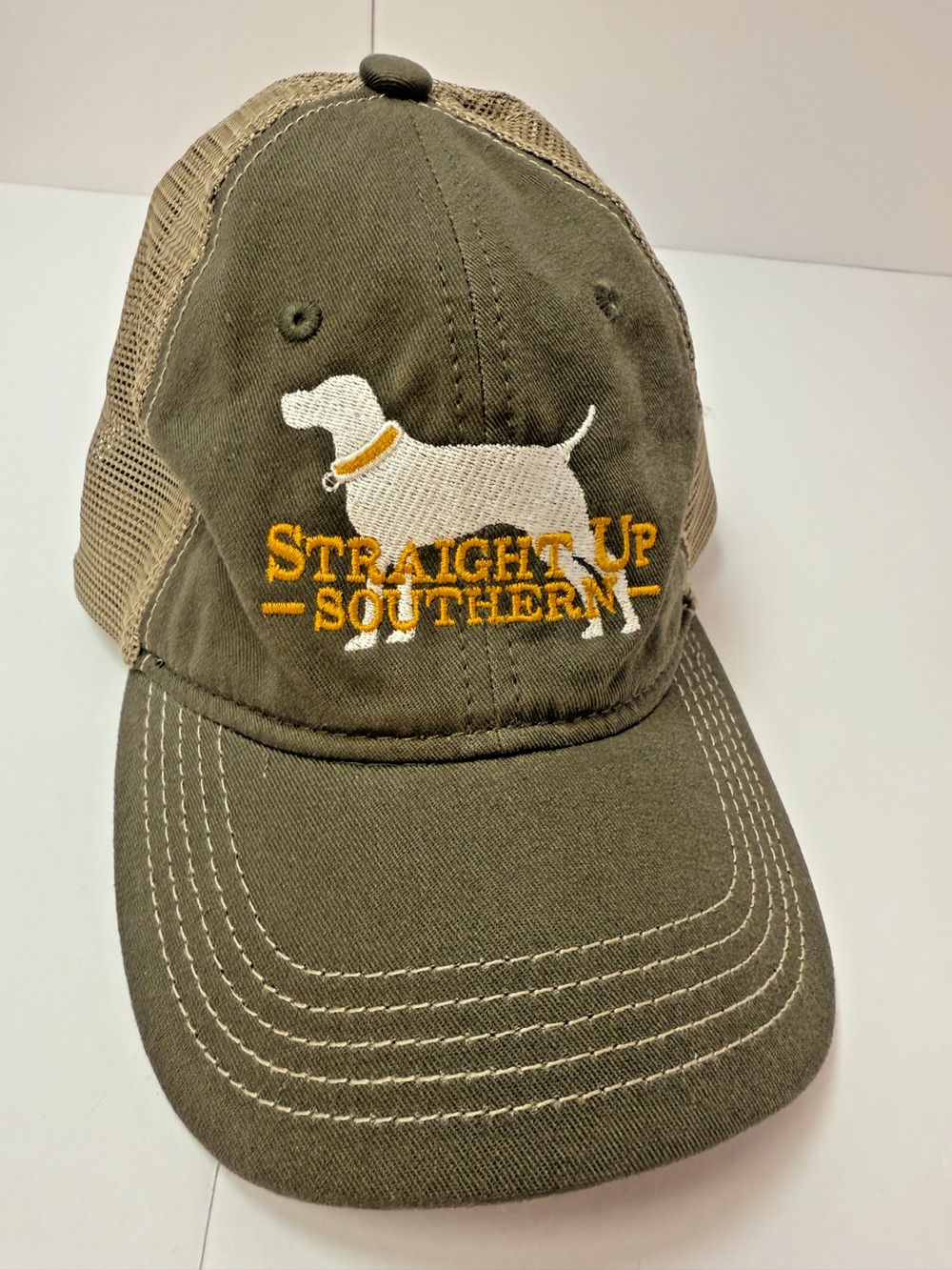 Olive Green Trucker Hat Mesh Snapback Dog Logo Outdoor Casual Straight Up South